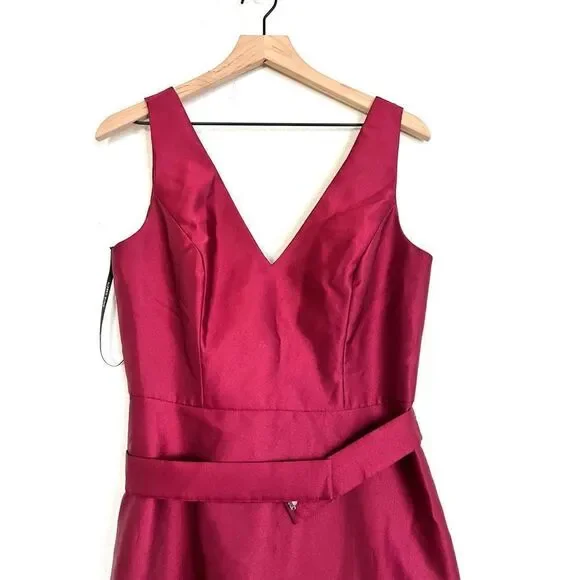 Alfred Sung V-Neck Belted Evening Gown Burgundy